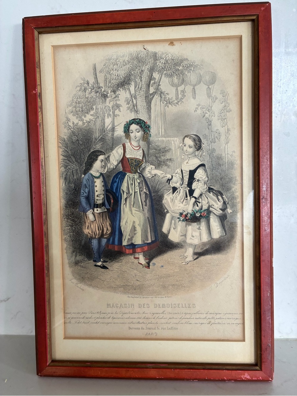 Antique hand-colored fashion engraving from 19th-century French publication